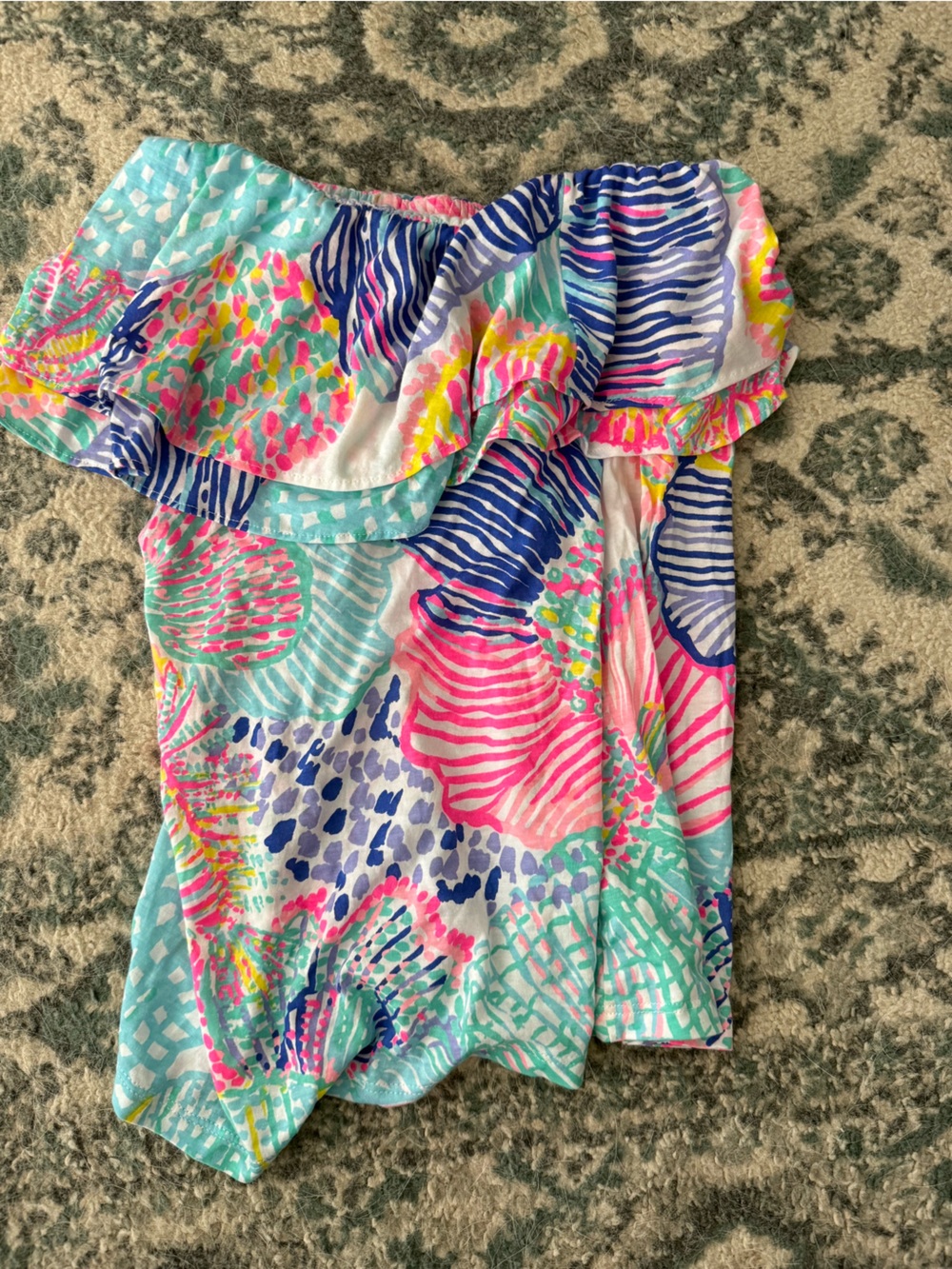 Lilly Pulitzer Off-Shoulder Shell Print Blouse in Aqua, Pink & Navy